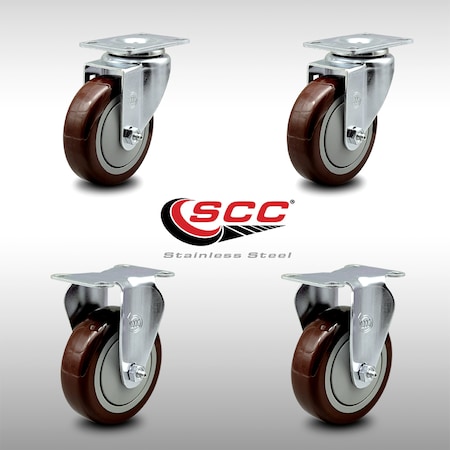 Service Caster 4 Inch SS Maroon Polyurethane Swivel Top Plate Caster Set with 2 Rigid SCC SCC-SS20S414-PPUB-MRN-2-R414-2